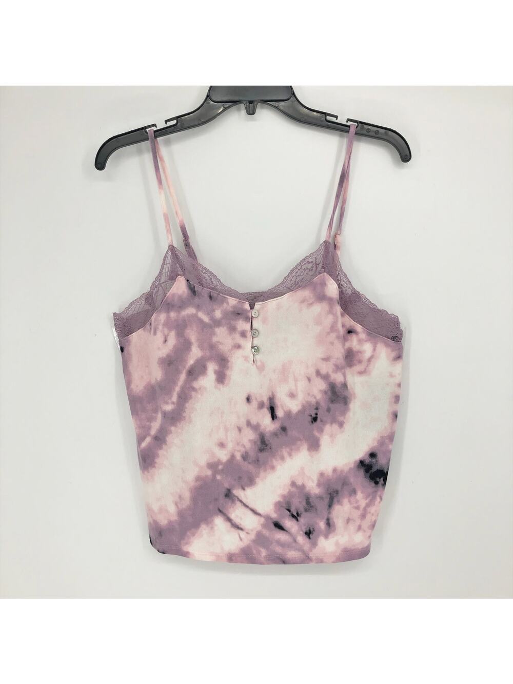 MIDNIGHT BAKERY Lace Trim Cami Medium Pink/Purple Tie Dye Satin V-Neck Top NWT - Picture 1 of 11